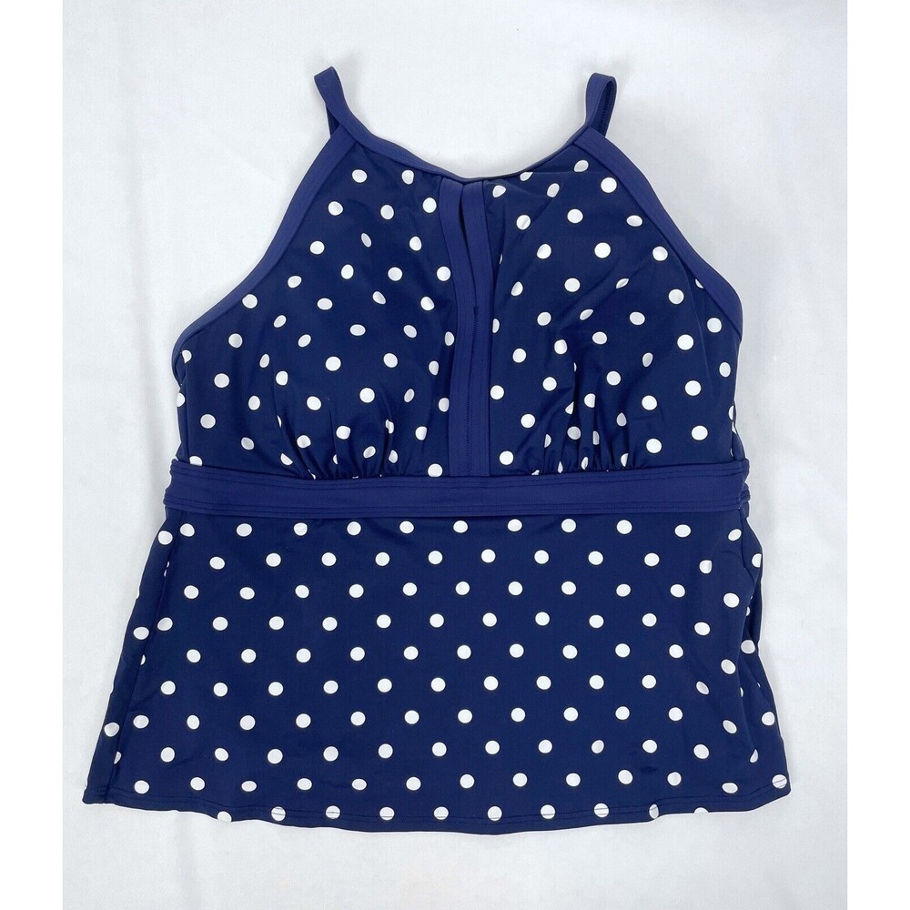 Lands' End Women 16W Tankini Swim Top Blue White Dotted High Neck Keyhole Padded